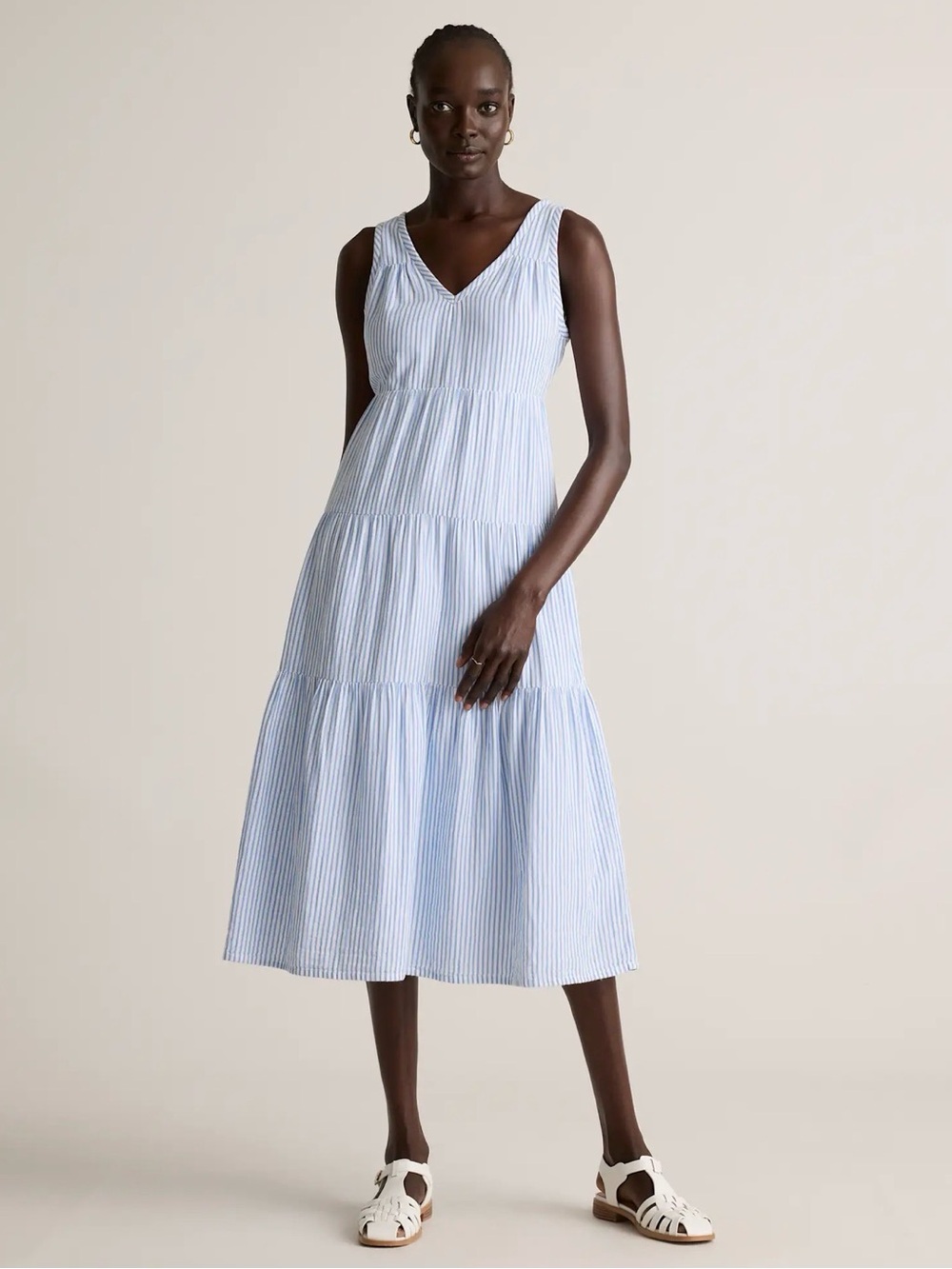 Quince 100% Organic Cotton Gauze Tiered Maxi Dress size large blue white striped
